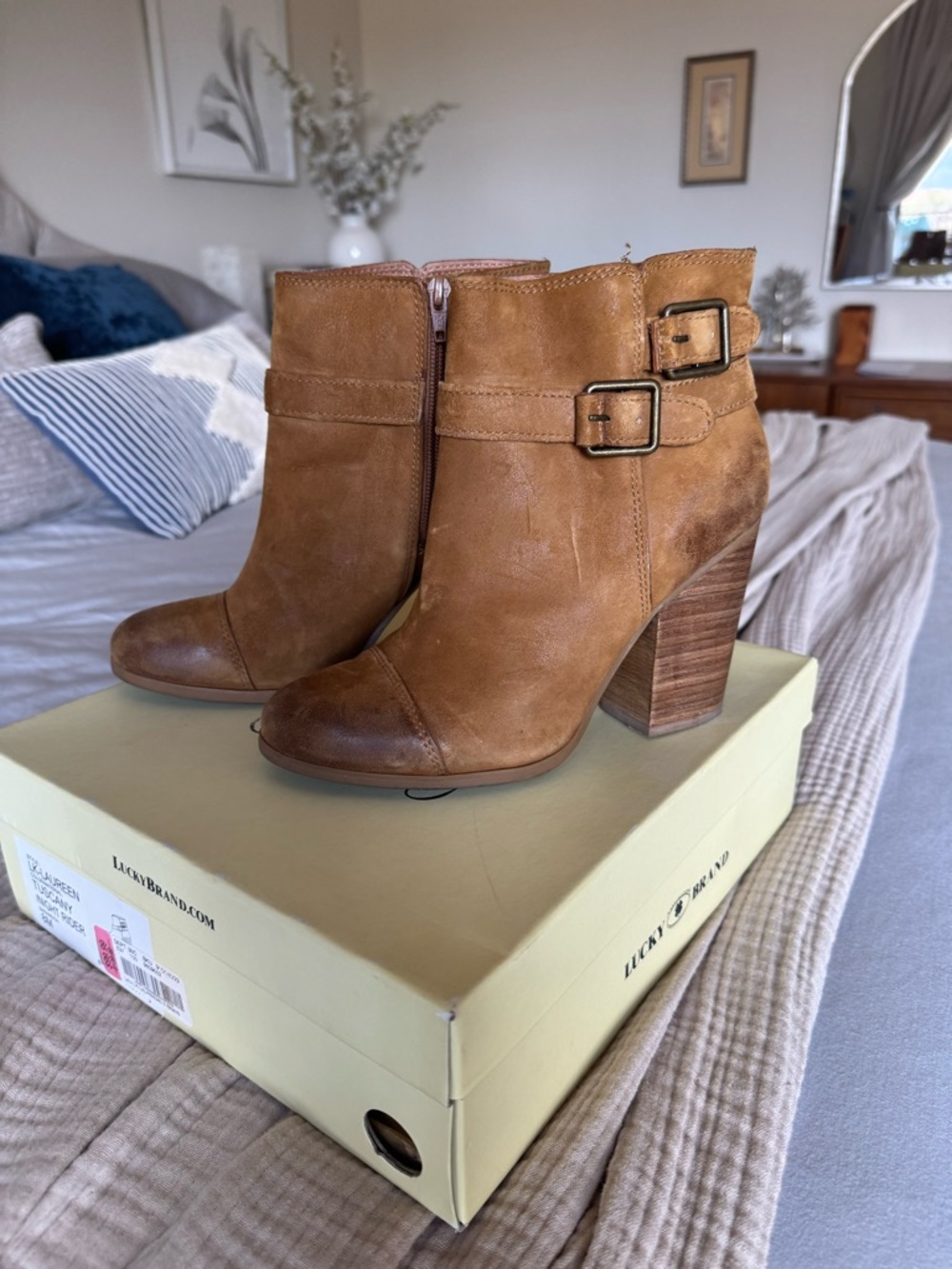 Lucky Brand Women's Chestnut Brown Leather Buckle Ankle Boots
